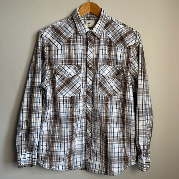 Old Navy Men's Western Plaid Linen Blend Pearl Snap Shirt Medium Cowboy Rodeo - Picture 1 of 14